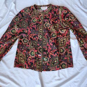 Vintage Maggy London Silk Paisley Blouse with Ornate Gold Buttons Size 8
